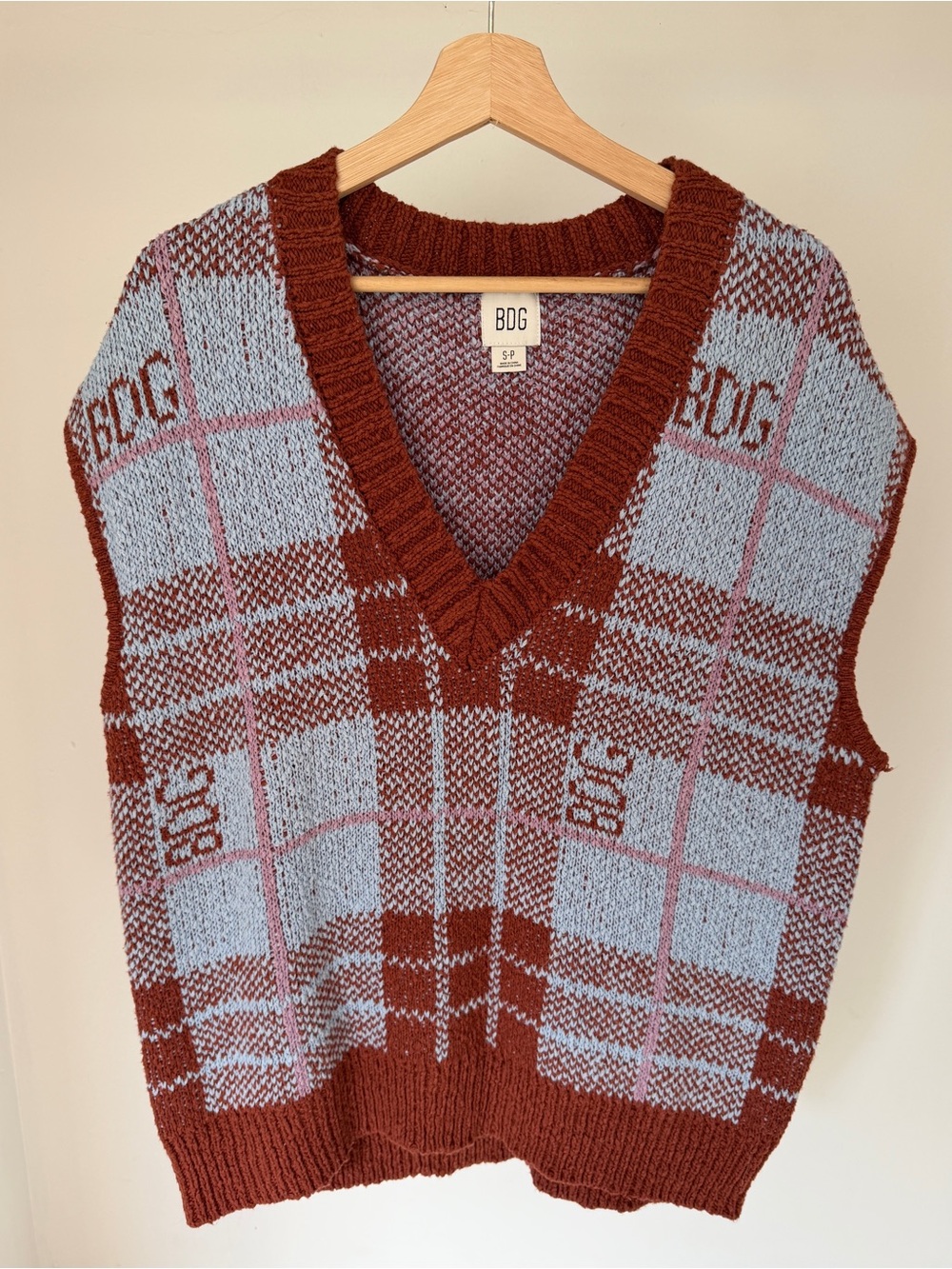 BDG Rust & Light Blue Plaid V-Neck Sweater Vest Small